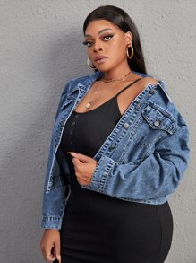 SHEIN Essnce Plus Flap Detail Crop Denim Jacket - Medium Wash - View 4