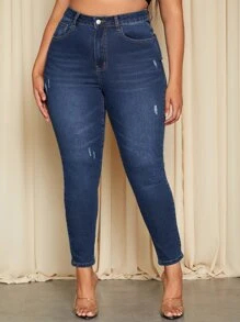 SHEIN SXY Jeans ajustados desgarro de talle alto - Azul lavado oscuro - Ver 1