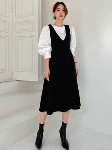 DAZY Solid Zipper Back Flared Dress Without Blouse - Black - View 1