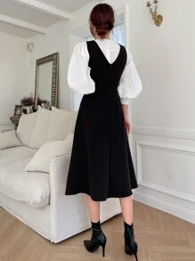 DAZY Solid Zipper Back Flared Dress Without Blouse - Black - View 2