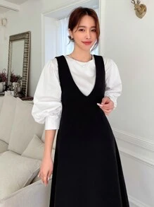 DAZY Solid Zipper Back Flared Dress Without Blouse - Black - View 4