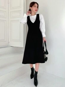 DAZY Solid Zipper Back Flared Dress Without Blouse - Black - View 6