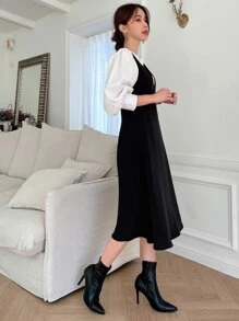 DAZY Solid Zipper Back Flared Dress Without Blouse - Black - View 8