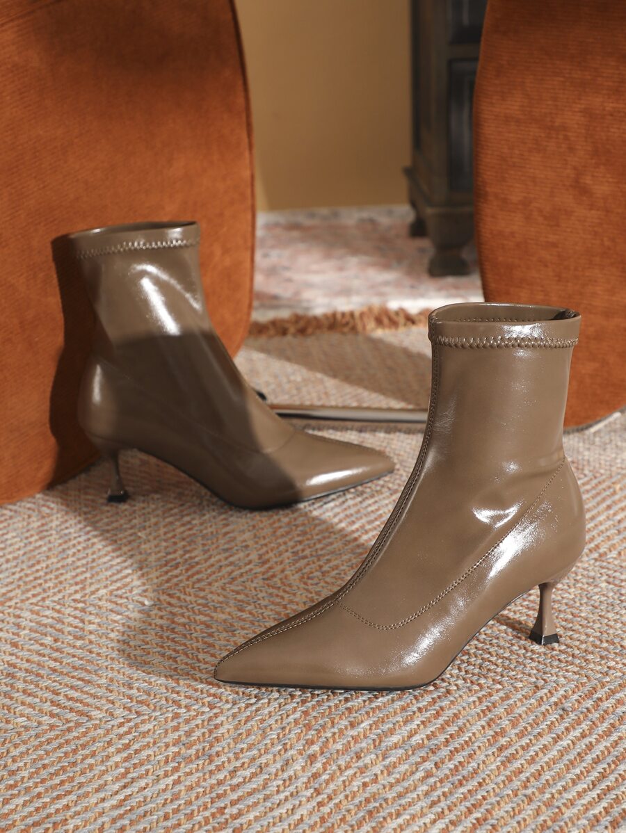 Botas calcetín minimalista de punta tacón pirámide - Marrón Mocha - Ver 1