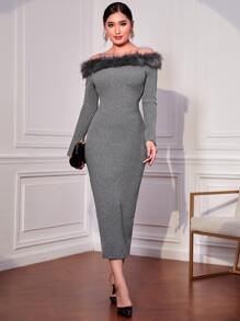 Modelyn 一字肩毛茸邊緊身毛衣裙 - 灰色 - 查看 1