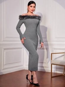 Modelyn 一字肩毛茸邊緊身毛衣裙 - 灰色 - 查看 3