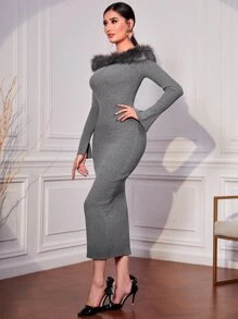 Modelyn 一字肩毛茸邊緊身毛衣裙 - 灰色 - 查看 4