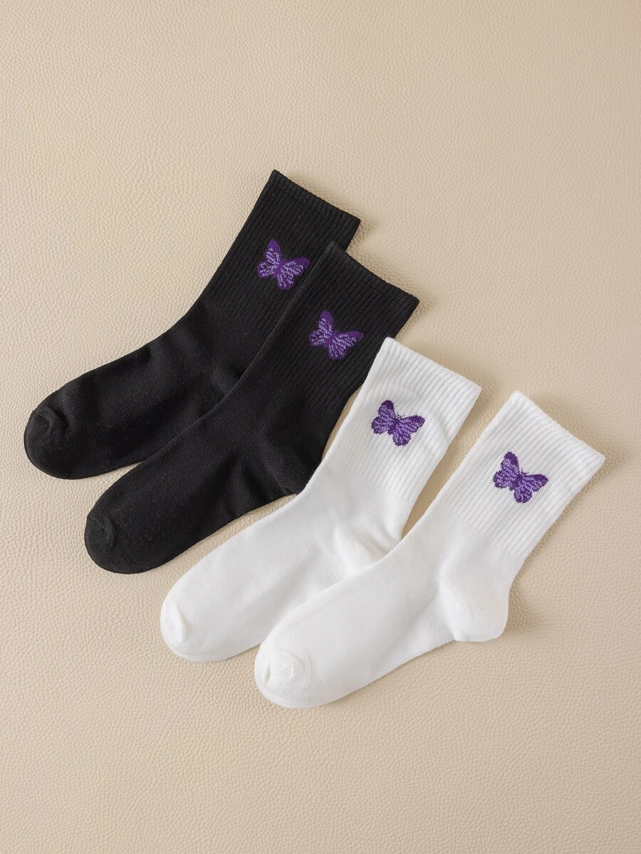 2pairs  Butterfly Pattern Crew Socks - Multicolor - View 1