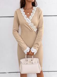 SHEIN Privé Contrast Lace Surplice Neck Jumper Dress - Apricot - View 3