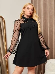 SHEIN Privé 大碼拼接波點網紗繫帶領洋裝 - 黑色 - 查看 2