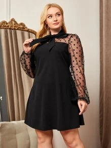 SHEIN Privé 大碼拼接波點網紗繫帶領洋裝 - 黑色 - 查看 4