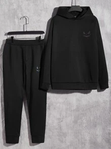 GENTILAND Men Reflective Cartoon Face Print Hoodie & Joggers - Black - View 6