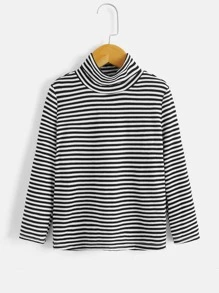 SHEIN 男孩條紋立領長袖t卹,休閒適用於春季 - 黑與白 - 查看 1
