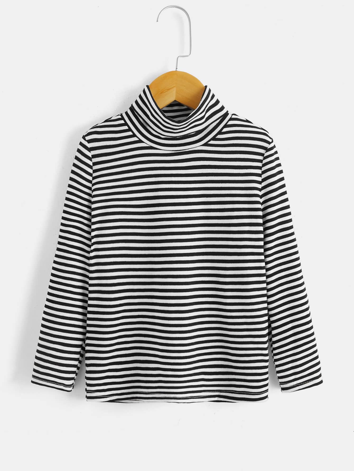 SHEIN 男孩條紋立領長袖t卹,休閒適用於春季 - 黑與白 - 查看 1