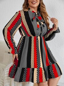 SHEIN LUNE Plus Striped & Polka Dot Tie Neck Flounce Sleeve Ruffle Hem Dress - Multicolor - View 3