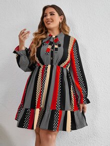 SHEIN LUNE Plus Striped & Polka Dot Tie Neck Flounce Sleeve Ruffle Hem Dress - Multicolor - View 4