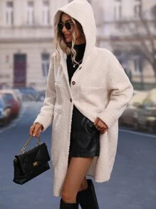 SHEIN LUNE Pocket Patched Hooded Teddy Coat - Apricot - View 6