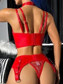 4pack Contrast Mesh Garter Underwire Corset Lingerie Set - Red - View 2