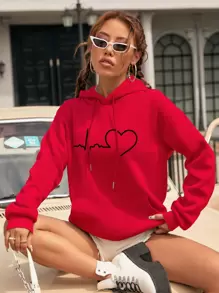 INAWLY ECG & Heart Print Drop Shoulder Kangaroo Pocket Drawstring Thermal Hoodie,Long Sleeve Tops