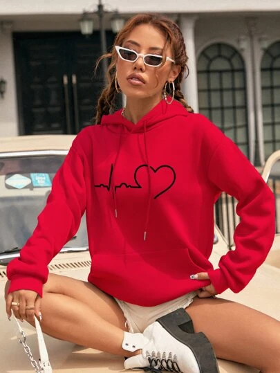 INAWLY EKG & Hjärttryck Drop Shoulder Känguruficka Thermal Hoodie med dragsko, långärmade toppar