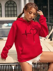 INAWLY ECG & Heart Print Drop Shoulder Kangaroo Pocket Drawstring Thermal Hoodie,Long Sleeve Tops