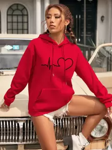 INAWLY ECG & Heart Print Drop Shoulder Kangaroo Pocket Drawstring Thermal Hoodie,Long Sleeve Tops