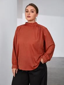 大碼小高領褶邊襯衫