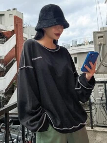 DAZY Letter Embroidery Top-stitching Drop Shoulder Oversized Sweatshirt - Black - View 1