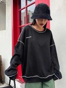 DAZY Letter Embroidery Top-stitching Drop Shoulder Oversized Sweatshirt - Black - View 5