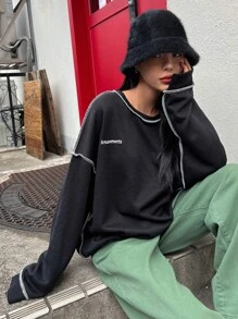 DAZY Letter Embroidery Top-stitching Drop Shoulder Oversized Sweatshirt - Black - View 7