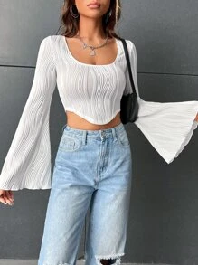 SHEIN EZwear 方領荷葉袖短款T恤 - 白色 - 查看 4