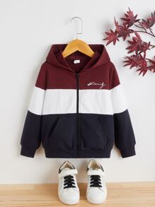 SHEIN 小男童字母圖案撞色拉鏈連帽衫