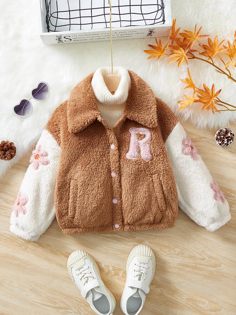 Niñitas Cazadora teddy con bordado de letra de color combinado sin jersey - Marrón - Ver 1