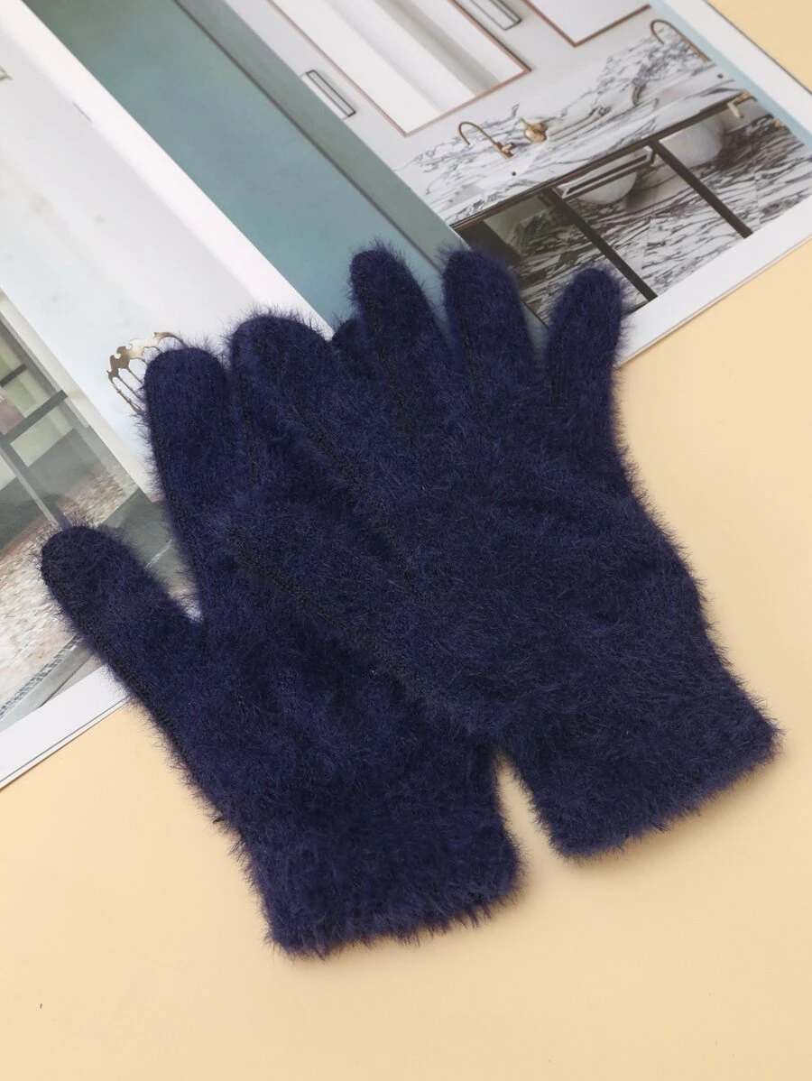 Fluffy Solid Gloves - Navy Blue - View 1
