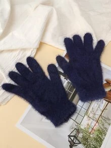 Fluffy Solid Gloves - Navy Blue - View 2
