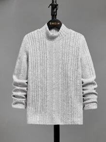 SHEIN Camiseta De Manga Larga Tejido De Punto De Costilla Con Cuello Alto Y Falso Para Chicos Adolescentes - Gris Claro - Ver 1