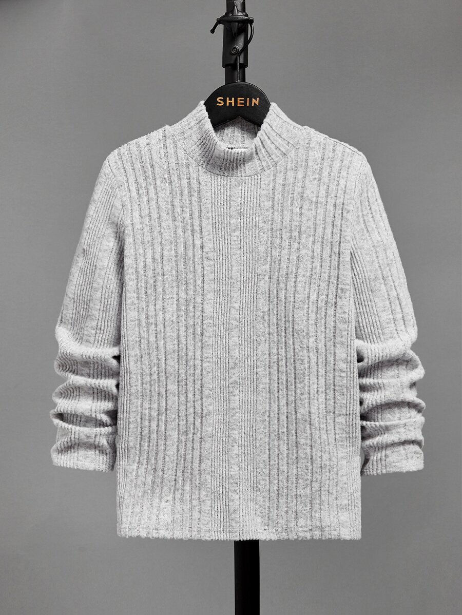 SHEIN Camiseta De Manga Larga Tejido De Punto De Costilla Con Cuello Alto Y Falso Para Chicos Adolescentes - Gris Claro - Ver 1