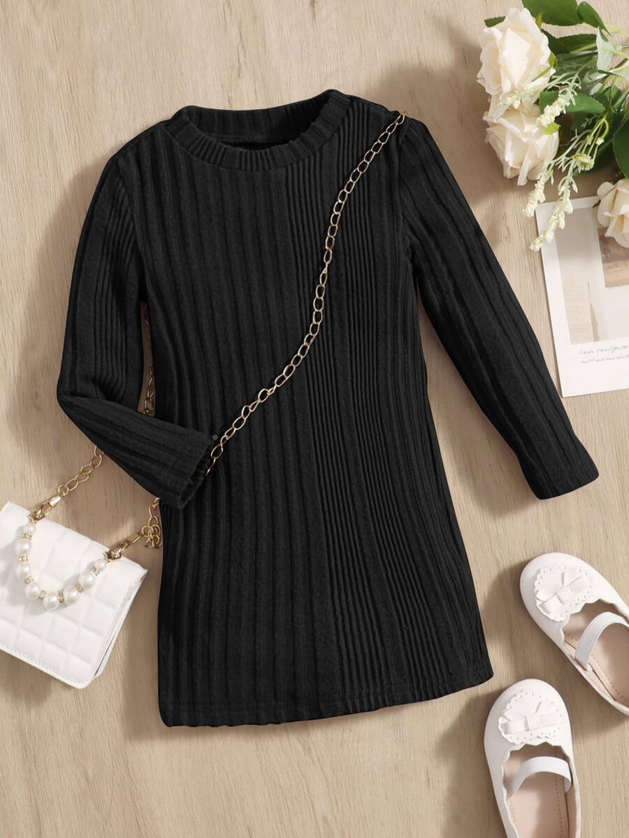 SHEIN Leap Crew Đầm dài tay cổ tròn gân trơn màu cho bé gái, thoải mái và dễ thương, phù hợp cho mùa hè - màu đen - Xem 1