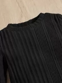 SHEIN Leap Crew Đầm dài tay cổ tròn gân trơn màu cho bé gái, thoải mái và dễ thương, phù hợp cho mùa hè - màu đen - Xem 3