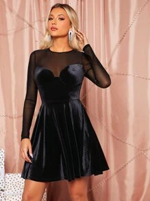 SHEIN BAE Đầm Nút Tương phản Mesh màu trơn Buổi tiệc - màu đen - Xem 5