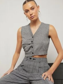 BizChic Áo len nữ vest Nút phía trước màu trơn Giải trí - Xám - Xem 4