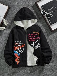 SHEIN 男孩標語圖案拉鏈開襟毛絨內襯連帽外套 - 黑色 - 查看 1