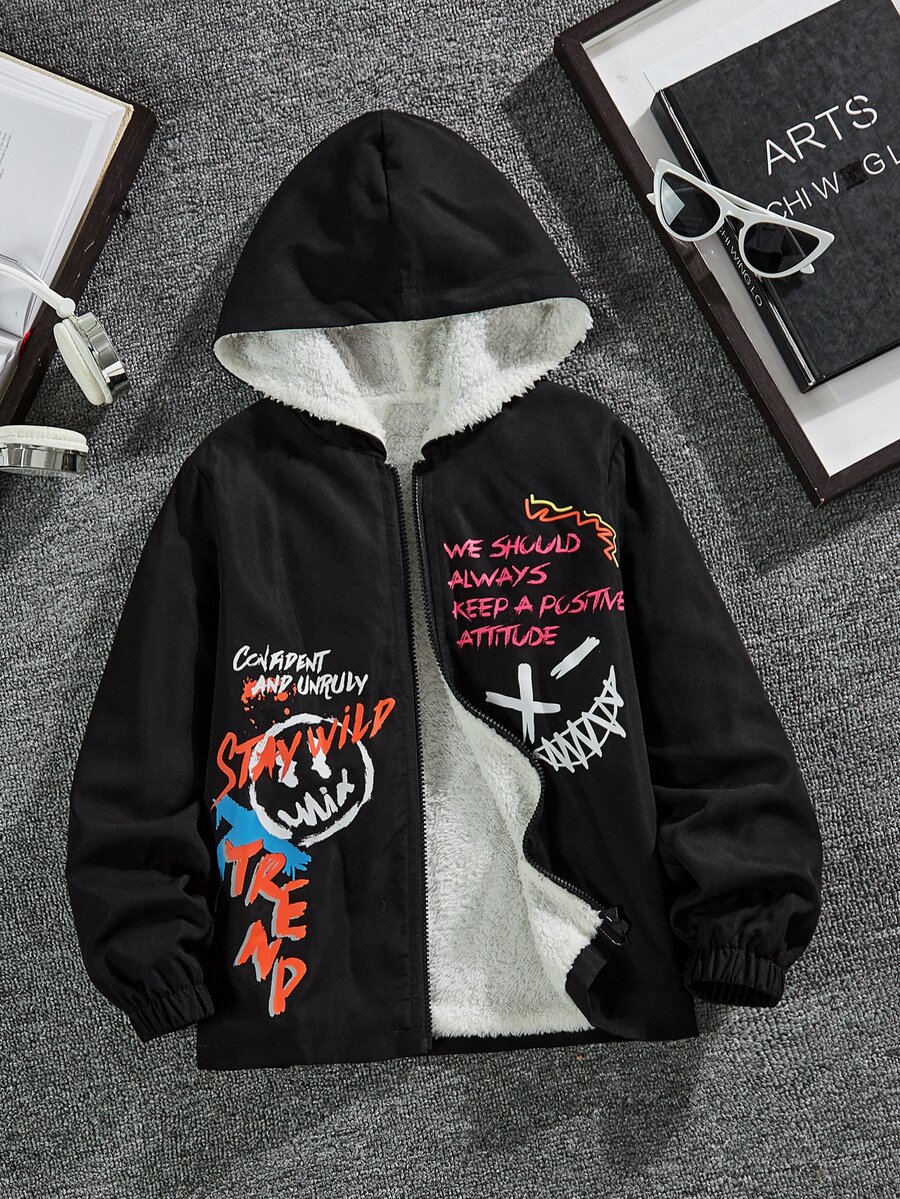 SHEIN 男孩標語圖案拉鏈開襟毛絨內襯連帽外套 - 黑色 - 查看 1