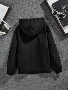 SHEIN 男孩標語圖案拉鏈開襟毛絨內襯連帽外套 - 黑色 - 查看 2