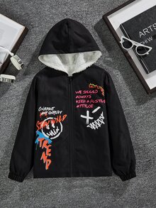 SHEIN 男孩標語圖案拉鏈開襟毛絨內襯連帽外套 - 黑色 - 查看 3
