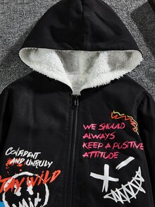 SHEIN 男孩標語圖案拉鏈開襟毛絨內襯連帽外套 - 黑色 - 查看 4