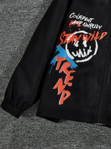 SHEIN 男孩標語圖案拉鏈開襟毛絨內襯連帽外套 - 黑色 - 查看 5