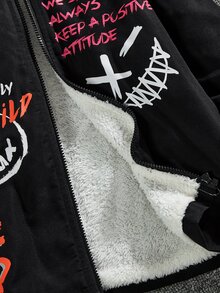 SHEIN 男孩標語圖案拉鏈開襟毛絨內襯連帽外套 - 黑色 - 查看 6