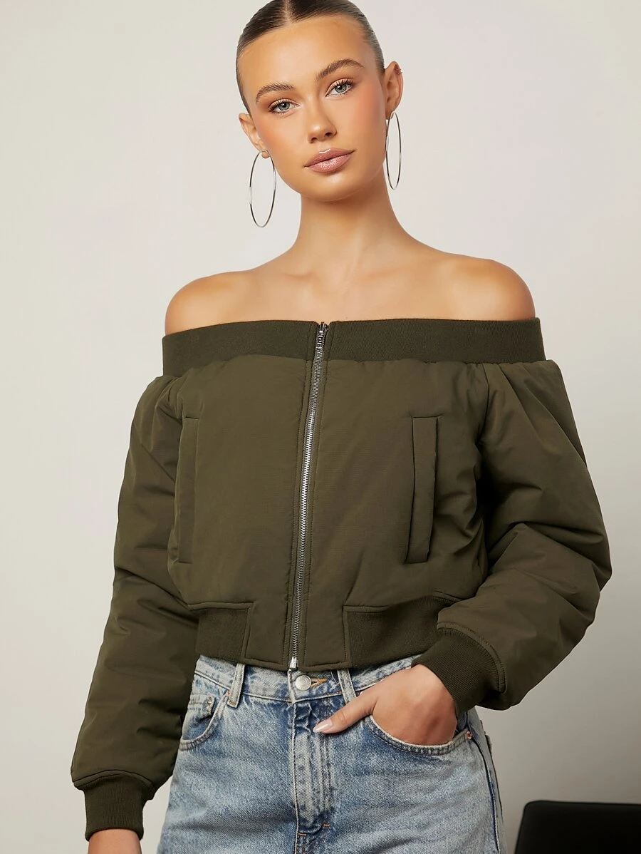 SHEIN Unity Off Shoulder Zip Up Padded Coat - Army Green - View 1