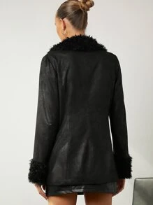 SHEIN BAE Fuzzy Collar Button Front PU Leather Coat - Black - View 2